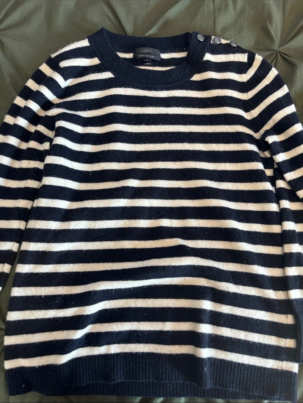 J. Crew Navy and White Striped Button-Shoulder Sweater